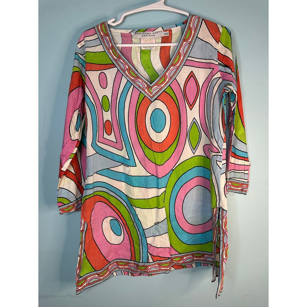 Gretchen Scott cotton tunic top bold, 60's retro-inspired geometric print small
